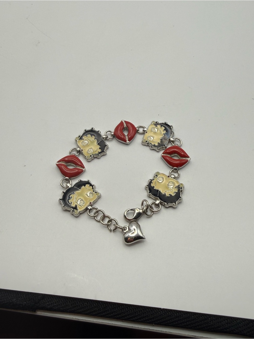 Vintage Betty Boop Enamel Charm Bracelet Red Lips Heart KFS/FS w/ Box